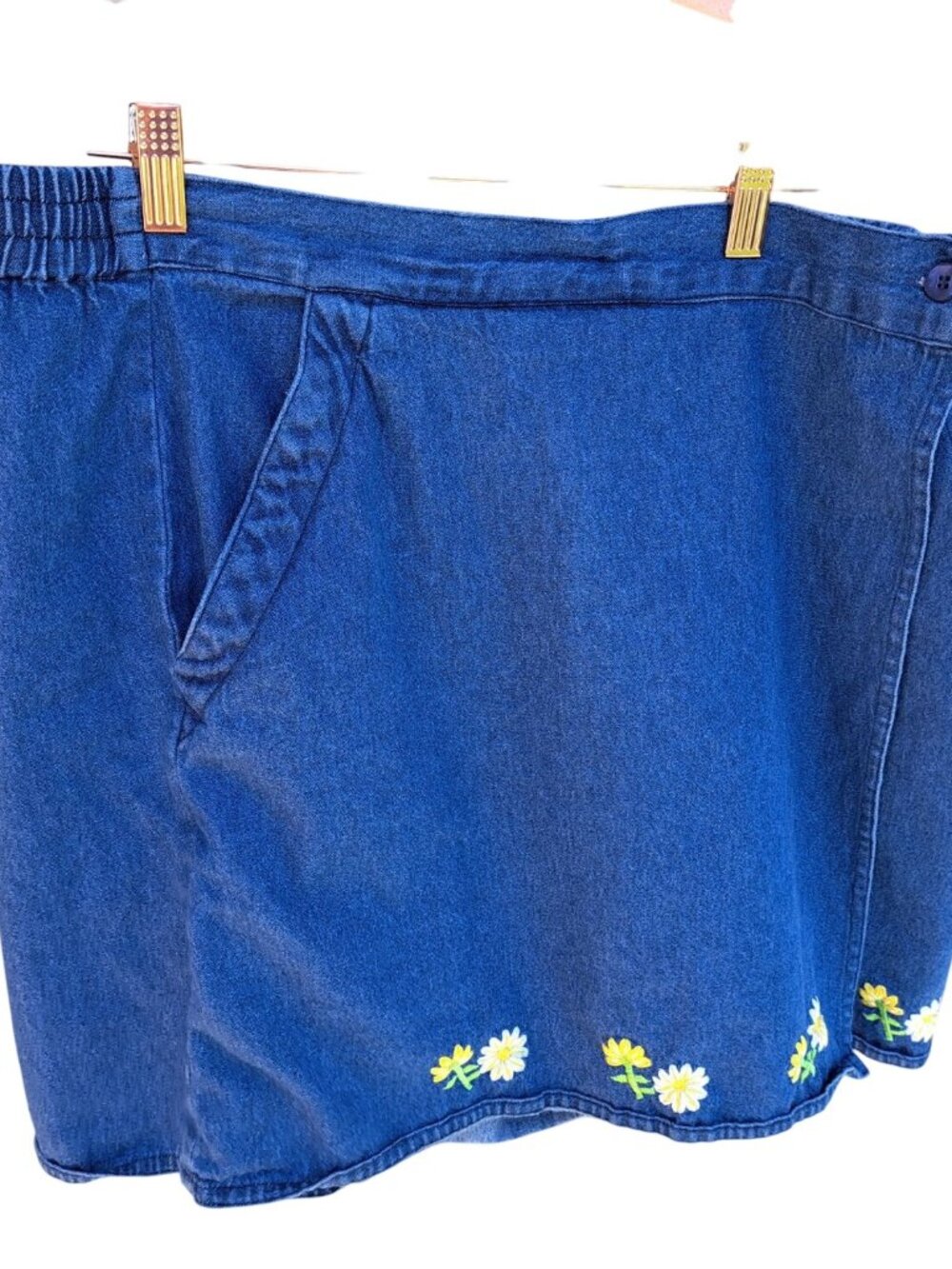 Vintage Denim Skort Shorts Embroidered Daisy Elastic Waist Womens Large Cottage